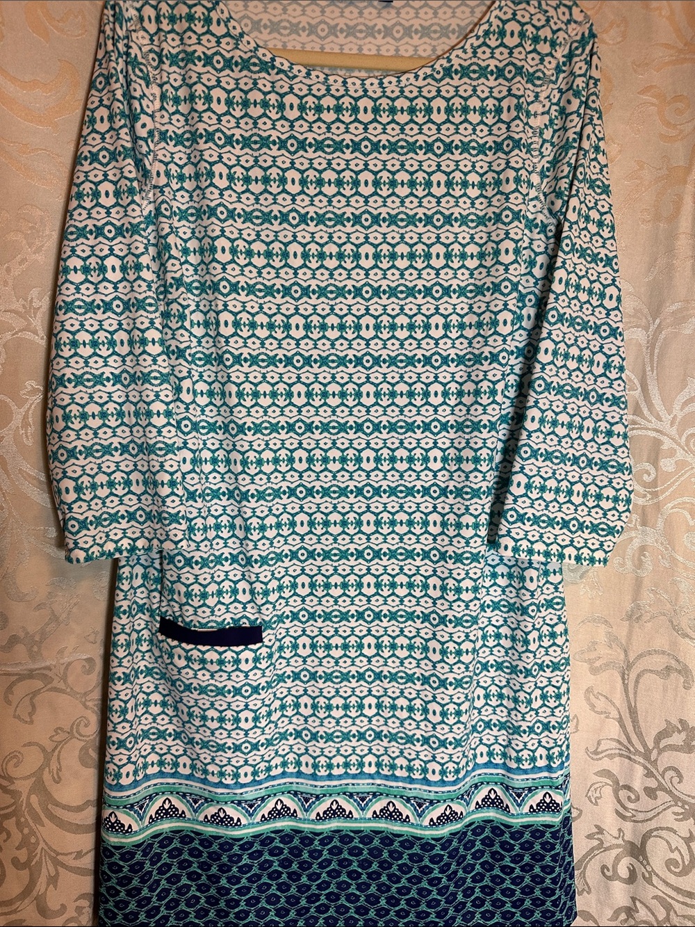 Cabana Life Teal and White Patterned Long-Sleeve Shift Dress